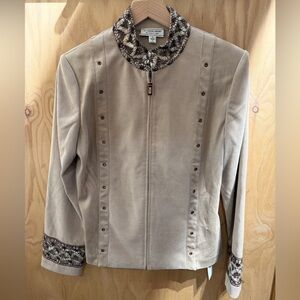 St. John Sport by Marie Gray Tan Bomber Jacket with Patterned Trim